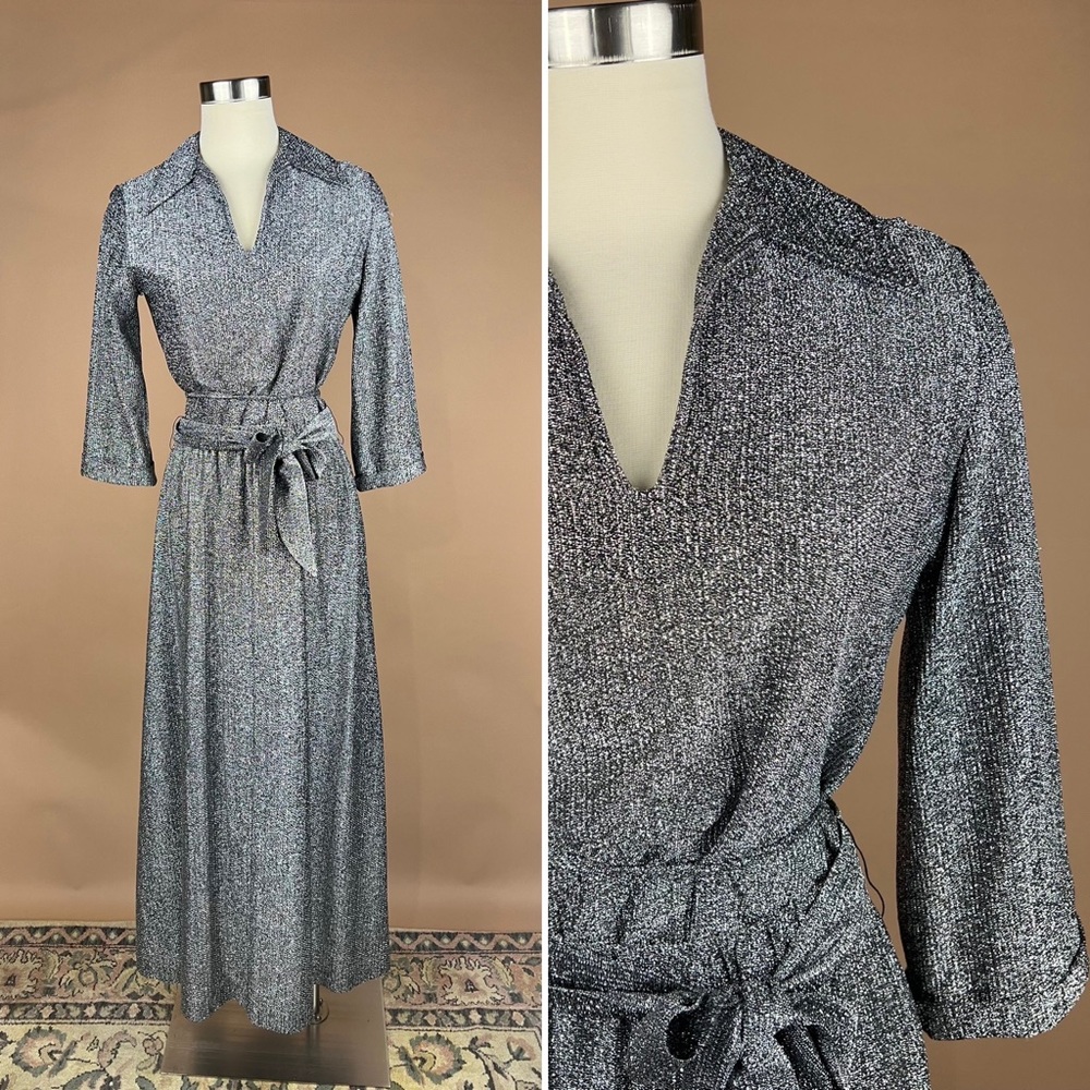 Vintage Metallic Silver and Black Collared Shirt with Matching Skirt Set